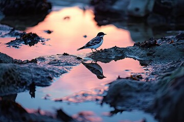 Wall Mural - a swallow reflection is captured in tide pools