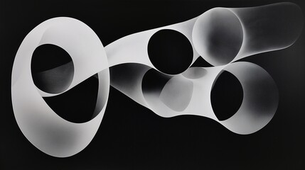 Poster - Chromatic Dance: A mesmerizing interplay of light and shadow, abstract shapes in shades of gray on a stark black background.