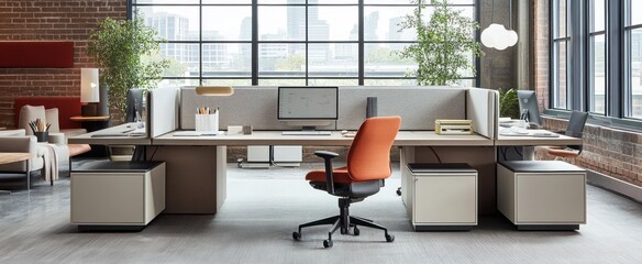 Canvas Print - Modern Office Workspace with Orange Chair and Window View