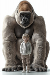 Poster - Fotoporträt eines kleinen Jungen mit einem riesigen Gorilla