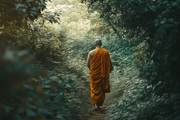 A monk walks through a forest wearing orange robes