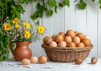 A charming rustic setting with a wicker basket of brown eggs on a lace tablecloth-covered table, and a clay jug holding a wildflower bouquet with yellow, white, and purple blooms.
