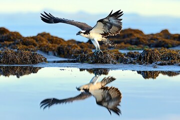 Wall Mural - osprey reflection is captured in tide pools