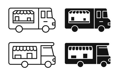 Mobile food truck icon vector set. Street ice cream van line sign. Food truck vehicle outline and fill symbol in black color