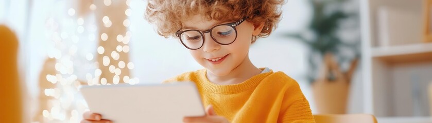 Father and daughter looking at tablet together, smiling.