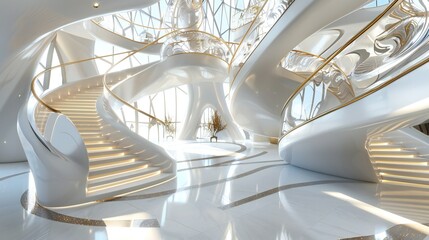 delight in the imaginative architecture of a surreal interior, featuring curved staircases and round