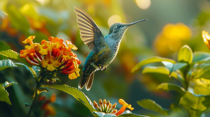 Wall Mural - A hummingbird delicately feeds on bright flowers, showcasing its iridescent feathers against a backdrop of lush greenery and sparkling sunlight.