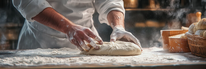 A baker kneads dough on a floured surface, preparing it for baking fresh bread. Banner image with copy space for text.