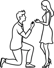 A man kneeling proposing to a womanline art illustration