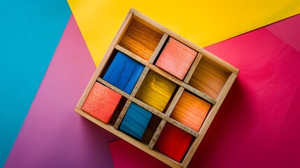 Wall Mural - Colorful wooden cubes in a drawer isolated on colorful background