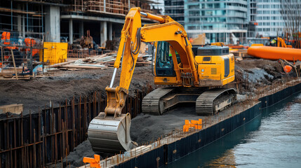 Wall Mural - A construction site with a yellow excavator operating near a water body, and a construction worker in safety gear supervising the area.