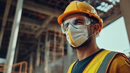 Poster - Laborer with protective mask, Engineering in construction activities. copy space for text.