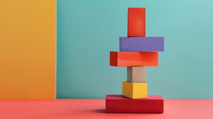 Wall Mural - Colorful wooden geometric stacking toy blocks in balance isolated on colorful background