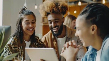 Poster - In a vibrant contemporary workspace, a diverse trio engages joyfully while discussing ideas over a digital tablet, creating a warm atmosphere of collaboration and camaraderie