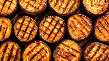 Canvas Print - A close up of a bunch of grilled eggplant slices, AI