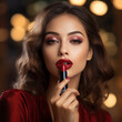 © Jarmila - A beautiful woman with wavy brown hair, wearing a red velvet dress and holding a lipstick in her hand, is looking at the camera with bright lighting, against a blurred background