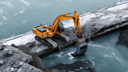 A yellow excavator performing excavation work on a riverbank near a body of water, with snow on the ground.