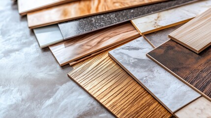 Close-up of luxurious material samples, engineered stone, high-end wood, premium tiles, interior design, architectural materials, texture and pattern, luxury finishes