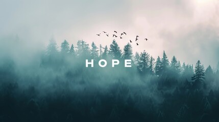 Poster - In a tranquil forest shrouded in soft mist, the word HOPE stands out in white letters, symbolizing optimism and serenity among tall trees