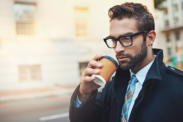 Wall Mural - Businessman, coffee and thinking in city for travel to work, lunch break and morning journey on sidewalk. Corporate lawyer, latte and vision in urban for adventure or schedule in London with glasses