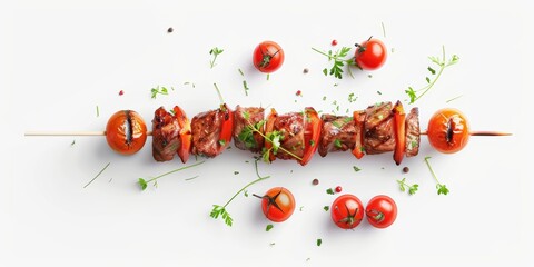 3D single icon of a skewer with grilled vegetables and meat, representing barbecue and picnic food, isolated on a white background