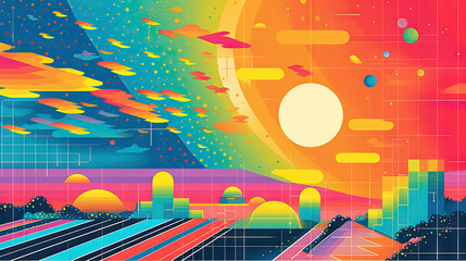 Poster - Abstract background with geometric shapes in retro minimalistic style with bright colors