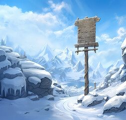 Wall Mural - Wooden signboard on the snowy road on Christmas holidays. Winter scene with frozen wood sign