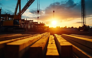 A stunning sunset casts warm light over construction site lumber, highlighting an industrial setting filled with potential.