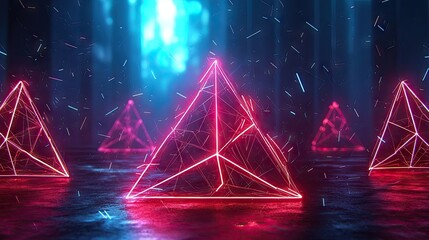 Neon red and blue geometric shapes on black base glowing particles light effects background, particles, shapes, blue, base, light, geometric, black background