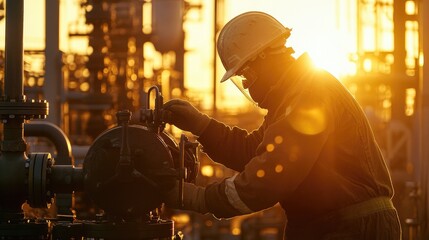 An engineer in safety gear performs maintenance work on industrial equipment during sunset, highlighting the dedication and precision in industrial operations..