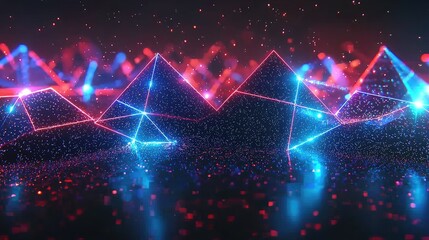 Neon red and blue geometric shapes on black base glowing particles light effects background, particles, shapes, blue, base, light, geometric, black background