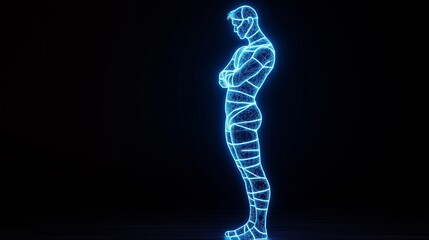 Poster - A man in a blue suit stands in front of a black background. The suit is made of a material that looks like it is made of wires. The man is wearing a blue suit and has his arms crossed