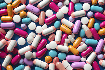 Background with pills and capsules in random ordered heap. Medical drug or dietary supplement concept