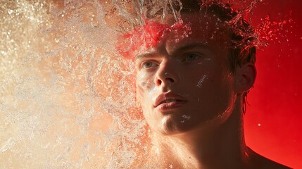 Wall Mural - A man is standing in a spray of water. The water is coming from a hose and is covering his face. The man is looking at the camera