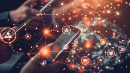 Aufkleber - People engaging with technology in a vibrant digital marketing environment, surrounded by a web of data connections and interactive devices, emphasizes the importance of connectivity