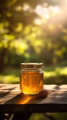 Sticker - A jar of honey sitting on a wooden table with some bees, AI