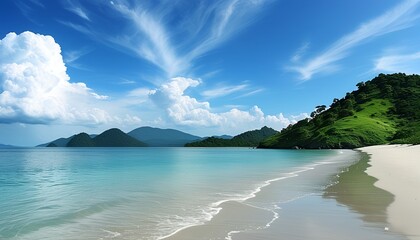 Wall Mural - The tranquil beaches complement the green hills, and the floating clouds float leisurely in the blue sky.