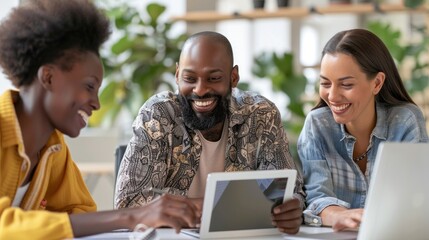 Poster - A vibrant group of individuals engages in a dynamic brainstorming session, sharing ideas and exploring solutions around a tablet in a contemporary office environment