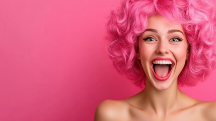 Canvas Print - A woman with pink hair and a big smile, AI