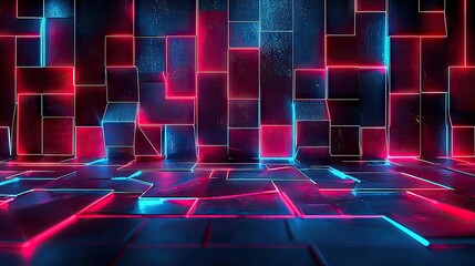 Neon red and blue geometric shapes on black base glowing particles light effects background, particles, shapes, blue, base, light, geometric, black background