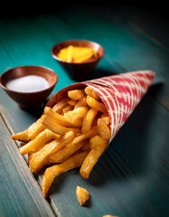 potato chips on a wooden table. Tasty french fries with tomato sauce on table, Crispy and tasty Potato chips.A wooden surface contains some fried potatoes and tomato sauce