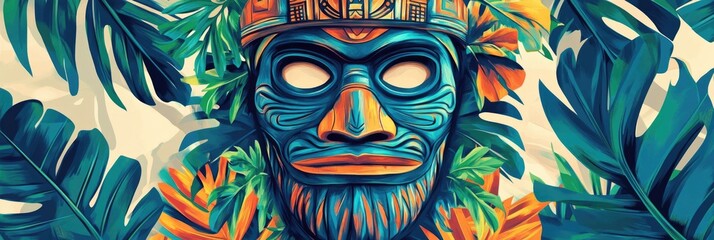  Tiki Poster. Surfing Summer Vibe with Tropical Leaves and Hawaiian Style.