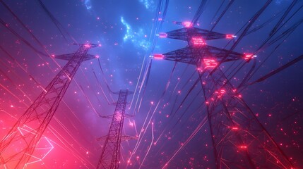 Wall Mural - 2. An intricate network of electrical transmission towers with glowing power lines