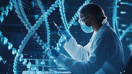 A scientist wearing protective gear analyzes DNA strands in a high-tech laboratory, highlighting advanced genetic research and biotechnology..