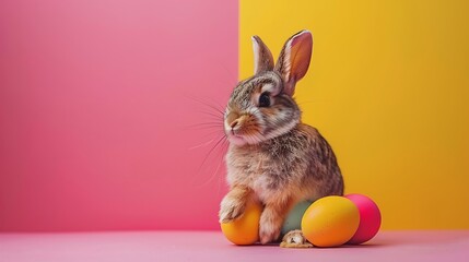 Cute little bunny with eggs isolated on colorful background