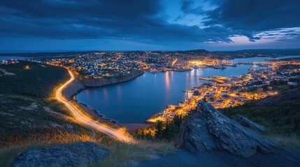 Wall Mural - St. Johns Newfoundland. Night View of Signal Hill with Long Exposure Overlooking Sea and City Lights