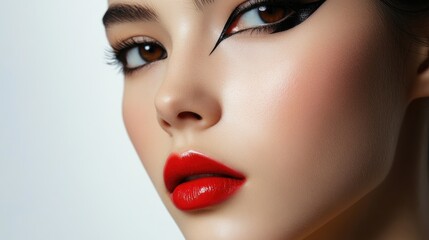 A close-up of a model's face featuring sleek, modern makeup with a focus on graphic eyeliner and matte lips. The clean and sophisticated style highlights contemporary beauty trends