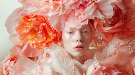 Poster - Soft light envelops a striking albino model, whose delicate features are framed by a lush collection of pink flowers and pearl accents, creating a whimsical and captivating look