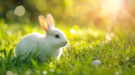 Wall Mural - Cute little white easter bunny sitting on fresh green grass field on spring sunny day