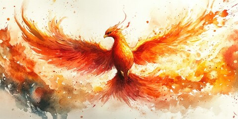 Poster - Watercolor Painting of a Phoenix Bird with Orange and Yellow Flames